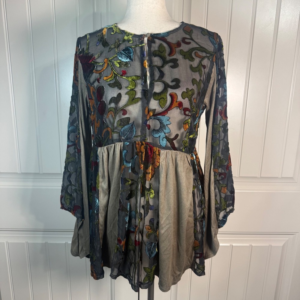 POL Burnout Velvet Floral Tunic Top S Olive Green Boho Bell Sleeve Fairy Grunge